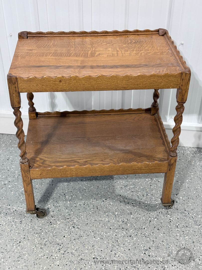 Vintage Solid Oak Rolling Bar Cart / Tea Trolley with Twisted Legs