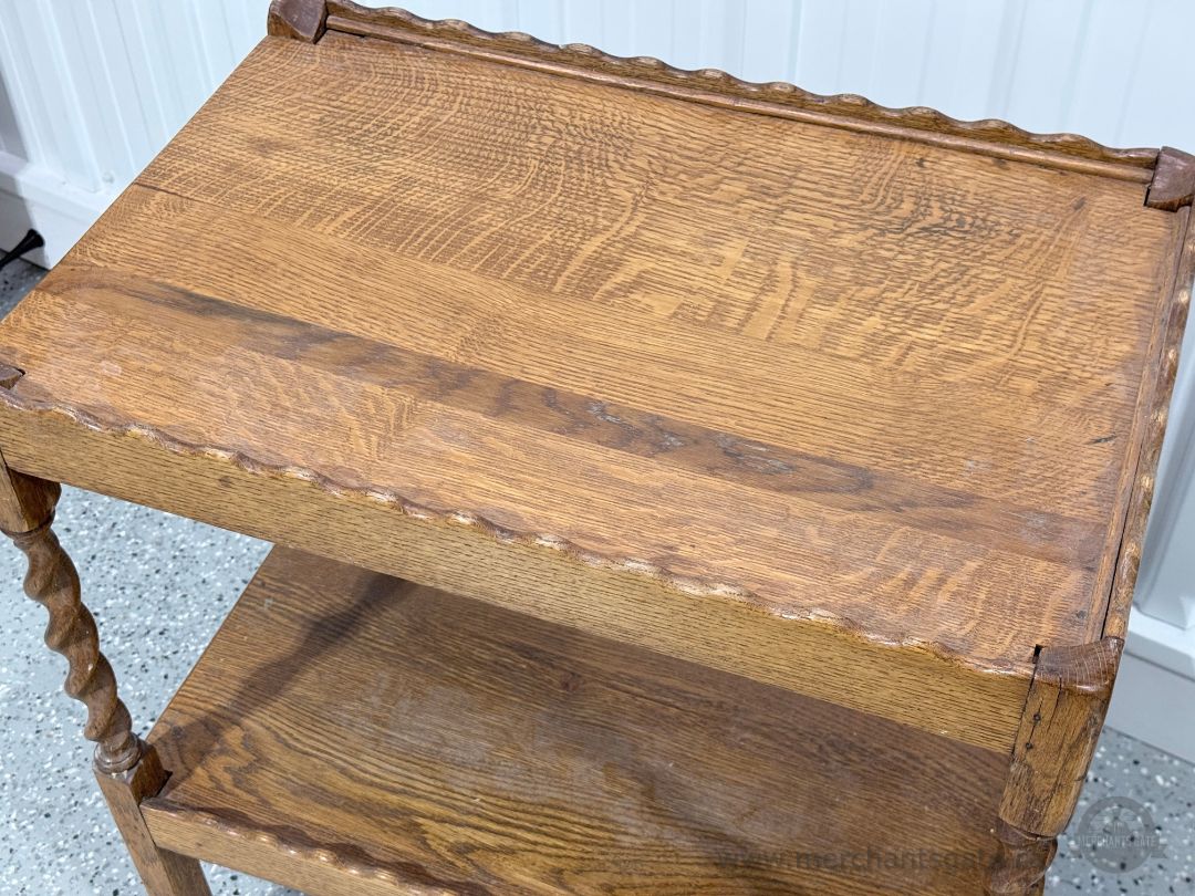Vintage Solid Oak Rolling Bar Cart / Tea Trolley with Twisted Legs