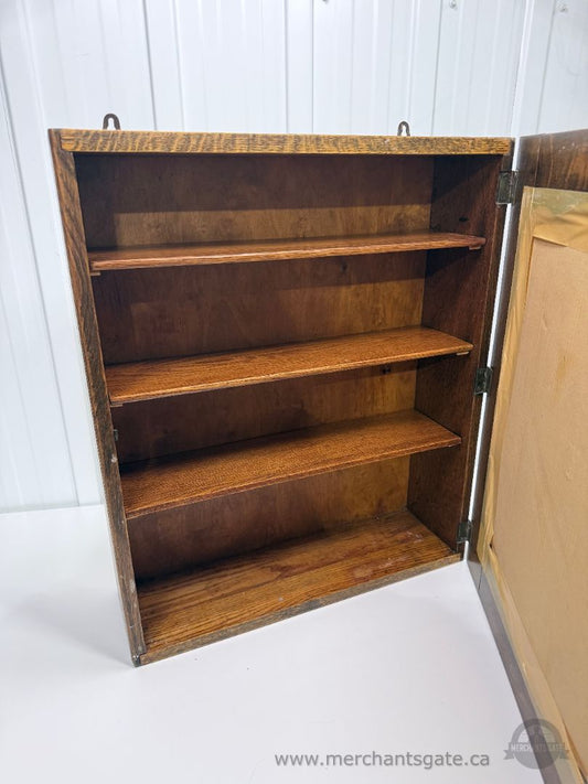 Vintage Solid Oak Wall Cabinet with Mirrored Door