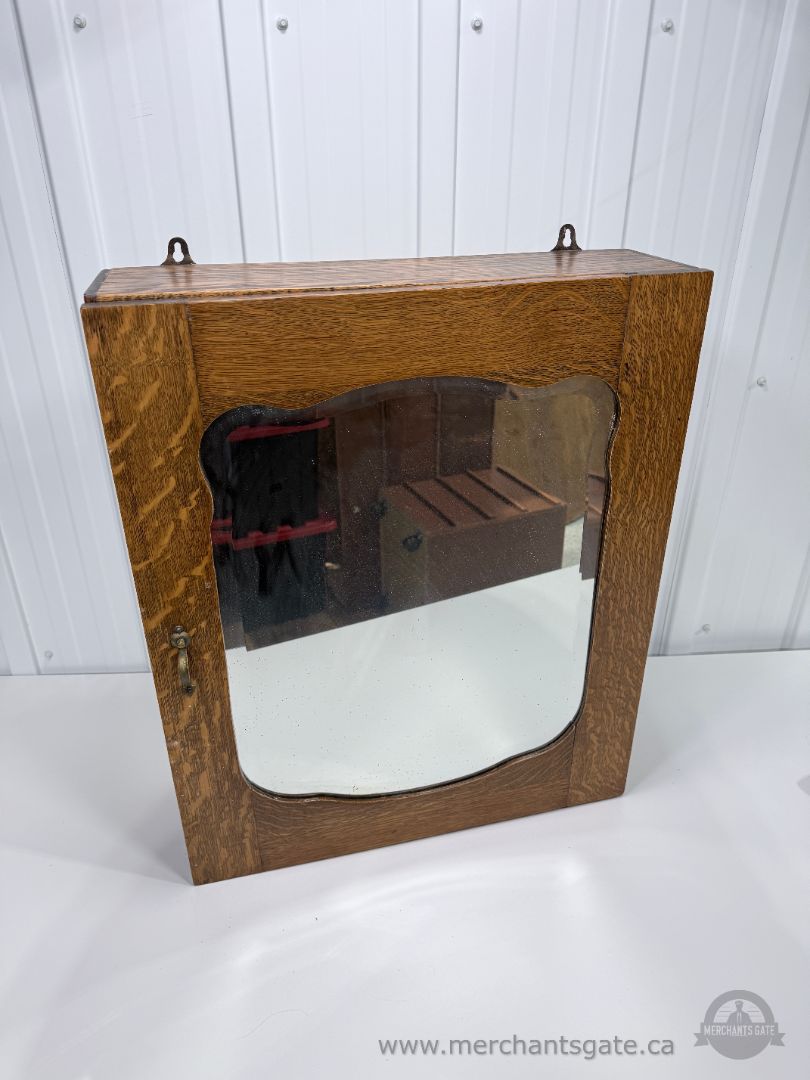 Vintage Solid Oak Wall Cabinet with Mirrored Door