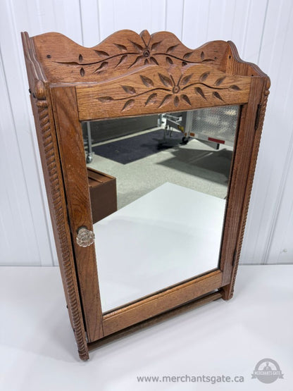Antique Oak Wall Mount Medicine Cabinet with Mirror and Towel