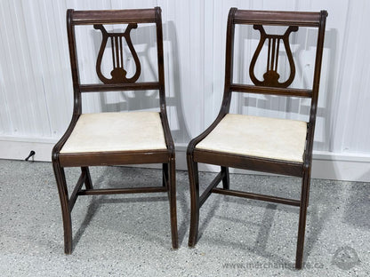 Antique Empire Style Lyre Back Dining Chairs Pair with Upholstered Seats