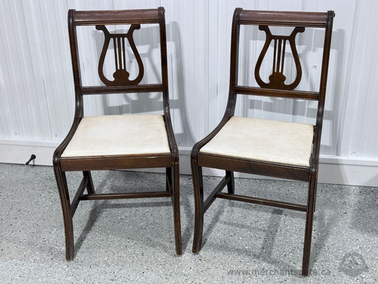 Antique Empire Style Lyre Back Dining Chairs Pair with Upholstered Seats