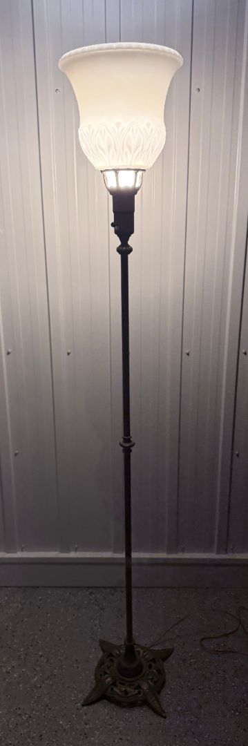 Vintage 1940s Brass Torchiere Floor Lamp with Glass Shade – 72" Tall