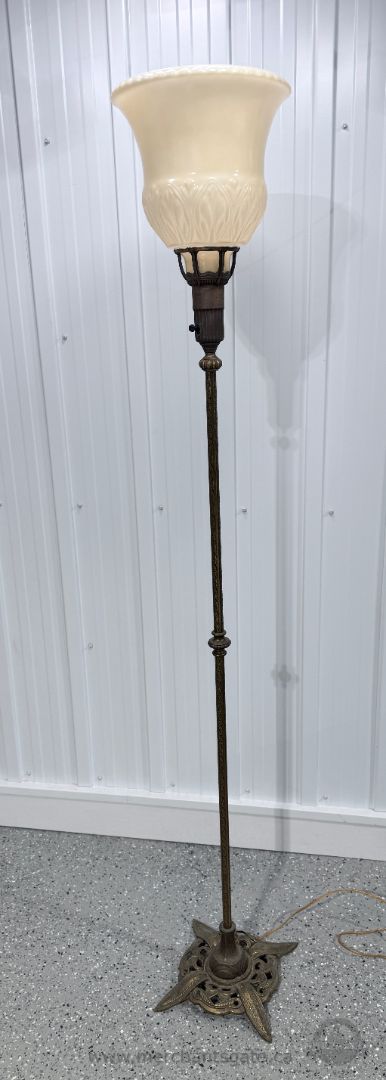 Vintage 1940s Brass Torchiere Floor Lamp with Glass Shade – 72" Tall