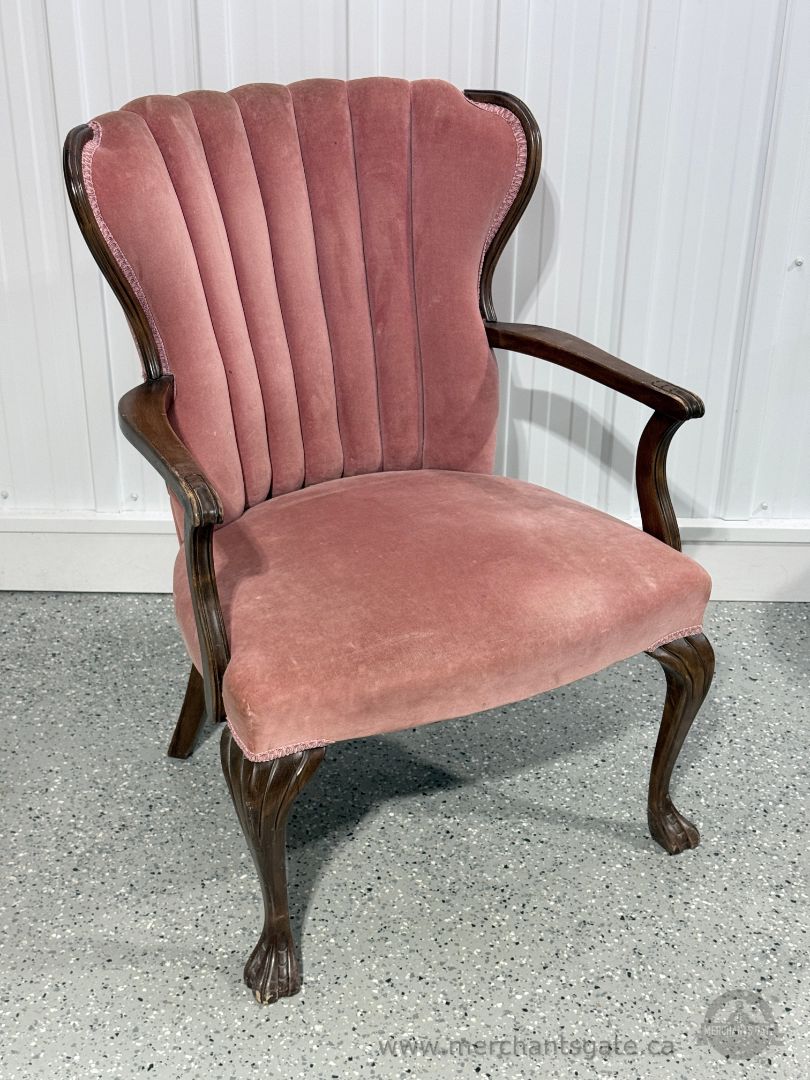 Vintage Upholstered Accent Armchair with Carved Wood Frame