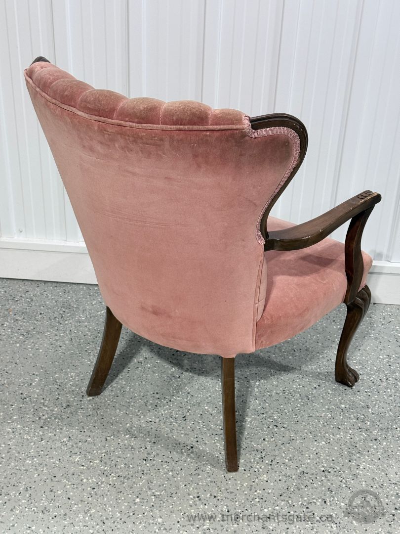 Vintage Upholstered Accent Armchair with Carved Wood Frame