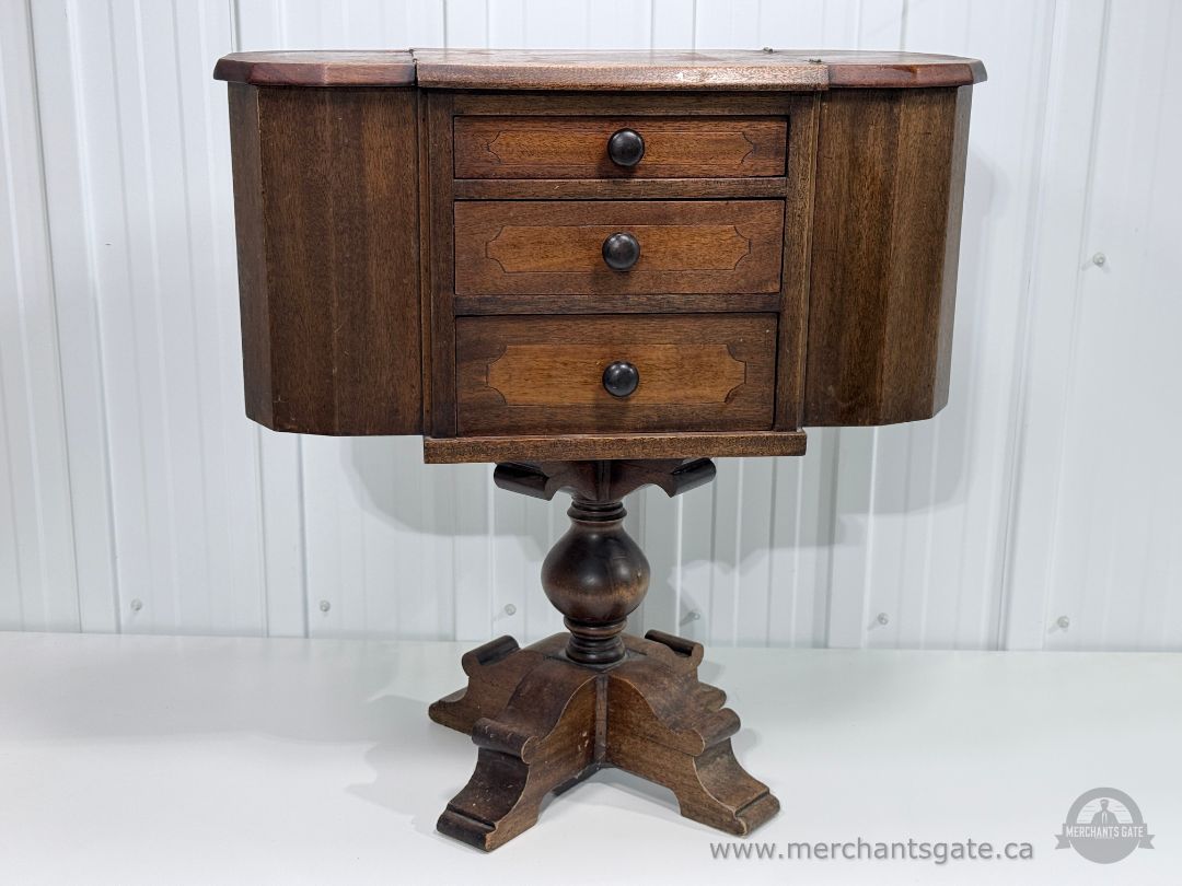 Vintage Wooden Sewing Cabinet Side Table 3 Drawers Drop Leaf