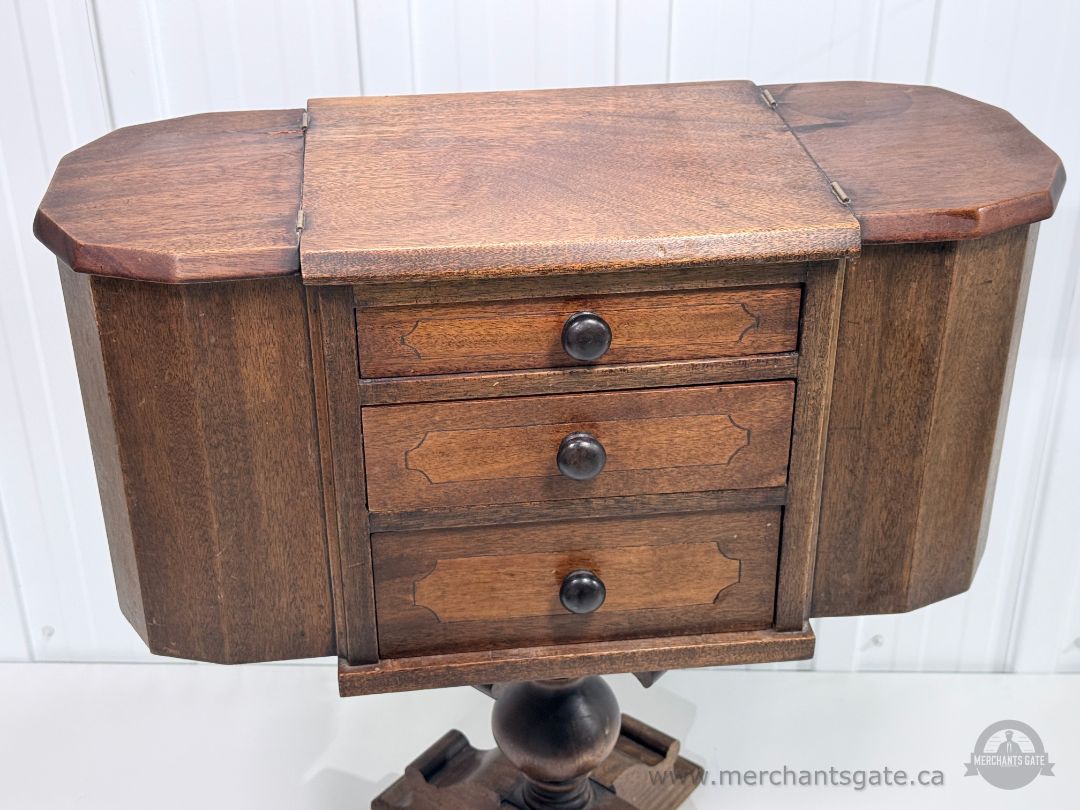 Vintage Wooden Sewing Cabinet Side Table 3 Drawers Drop Leaf