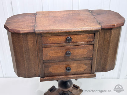 Vintage Wooden Sewing Cabinet Side Table 3 Drawers Drop Leaf