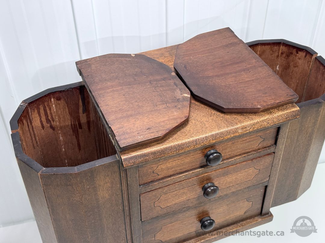 Vintage Wooden Sewing Cabinet Side Table 3 Drawers Drop Leaf