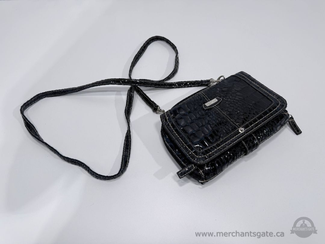 Rosetti Fantastico Croc Embossed Crossbody Wallet Purse Black Faux Leather 8"