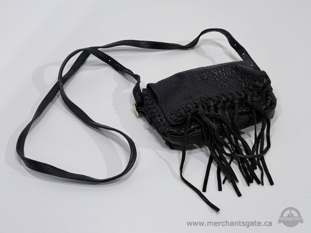 Black Leather Fringe Crossbody Purse Handwoven Trim Boho Style Shoulder Bag 8"