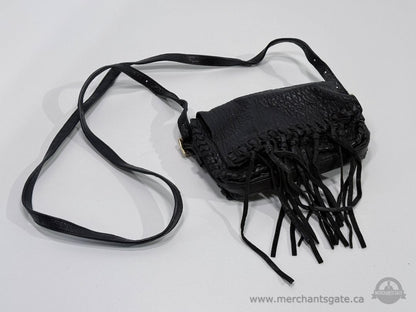 Black Leather Fringe Crossbody Purse Handwoven Trim Boho Style Shoulder Bag 8"