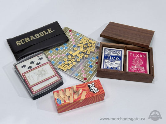 Vintage Board Game Night Bundle Scrabble Jenga Playing Cards Wood Card Box