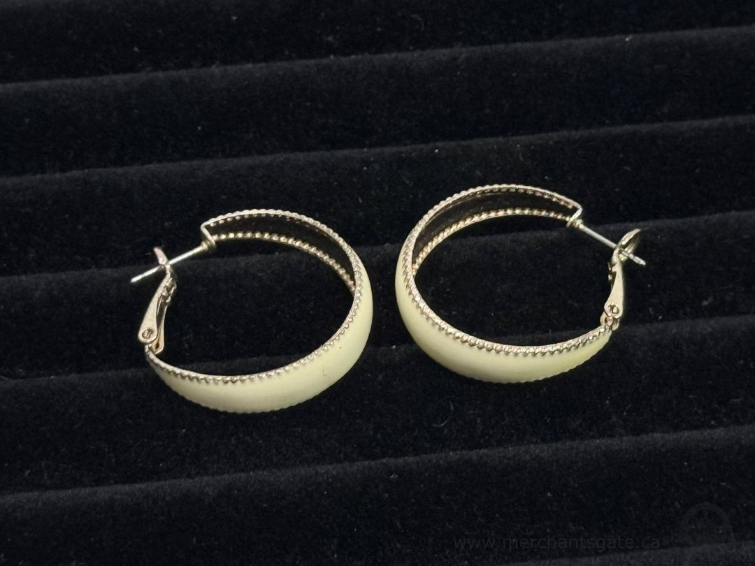 White Enamel Hoop Earrings with Silver Tone Trim 1" Vintage Style Hoops
