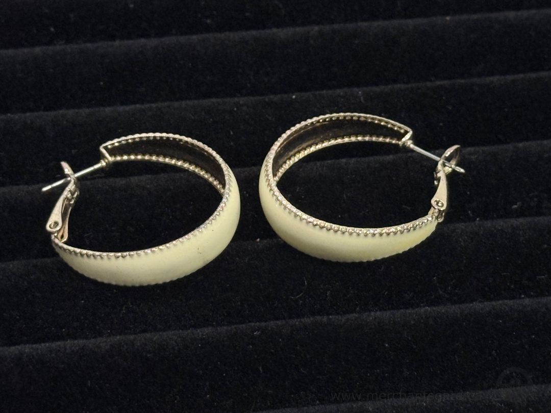 White Enamel Hoop Earrings with Silver Tone Trim 1" Vintage Style Hoops