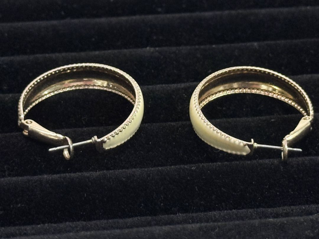 White Enamel Hoop Earrings with Silver Tone Trim 1" Vintage Style Hoops