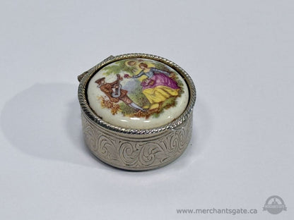 Vintage Porcelain Lid Trinket Box with Courting Scene Silver Tone Engraved Case