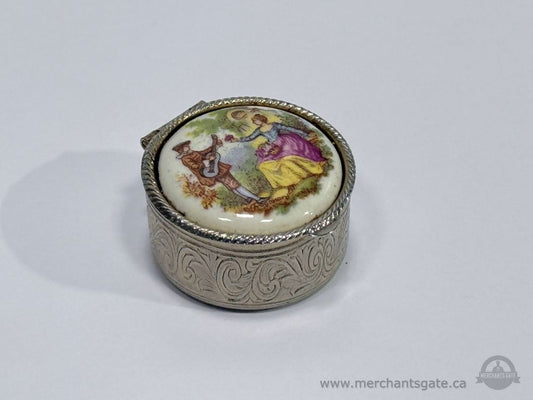 Vintage Porcelain Lid Trinket Box with Courting Scene Silver Tone Engraved Case