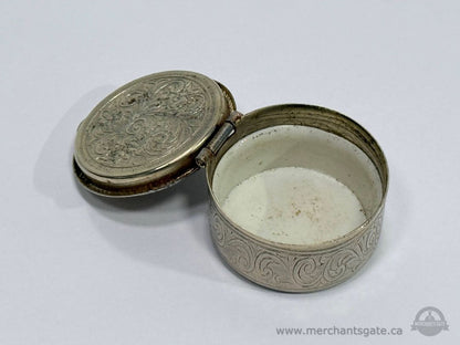 Vintage Porcelain Lid Trinket Box with Courting Scene Silver Tone Engraved Case