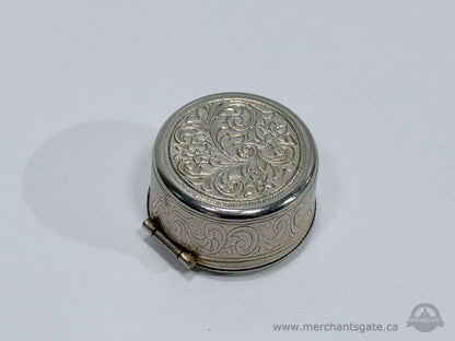 Vintage Porcelain Lid Trinket Box with Courting Scene Silver Tone Engraved Case
