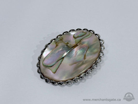 Vintage Abalone Shell Oval Brooch Silver Tone Filigree Edge Costume Jewelry