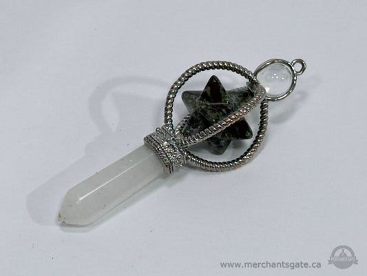 Clear Quartz Crystal Point Merkaba Star Pendant Silver Tone Cage Setting