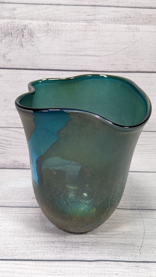 Hand-Blown Art Glass Vase – Iridescent Teal & Bronze – 9-Inch One-of-a-Kind