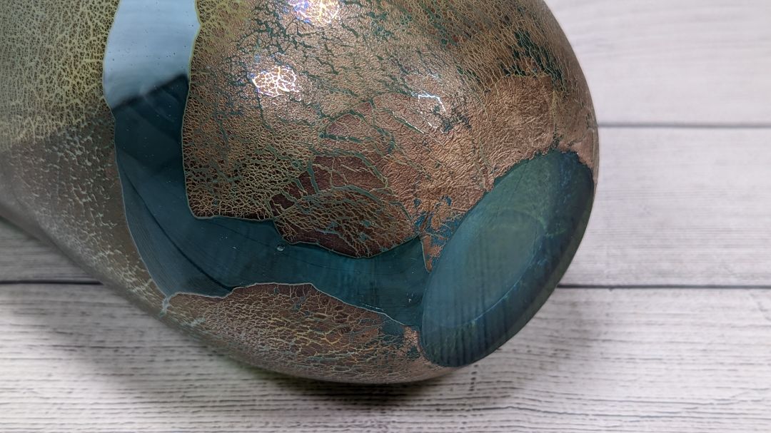 Hand-Blown Art Glass Vase – Iridescent Teal & Bronze – 9-Inch One-of-a-Kind