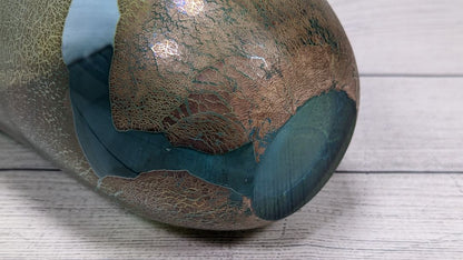 Hand-Blown Art Glass Vase – Iridescent Teal & Bronze – 9-Inch One-of-a-Kind