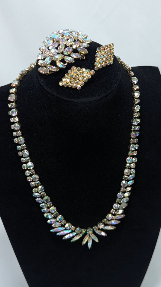 RARE Vintage Sherman Crystal Necklace + Matching Earrings + Brooch Signed