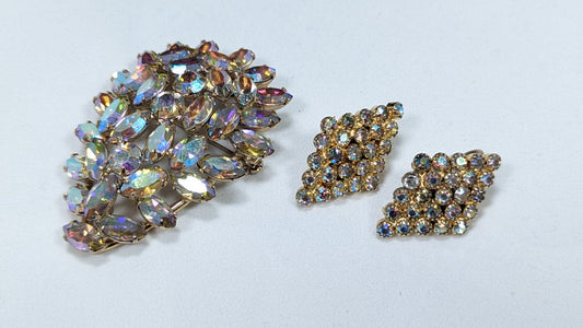 RARE Vintage Sherman Crystal Necklace + Matching Earrings + Brooch Signed