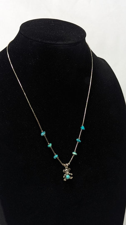 Sterling Silver Kids / Youth Teddy Bear Snake Style Necklace + Turquoise Stones
