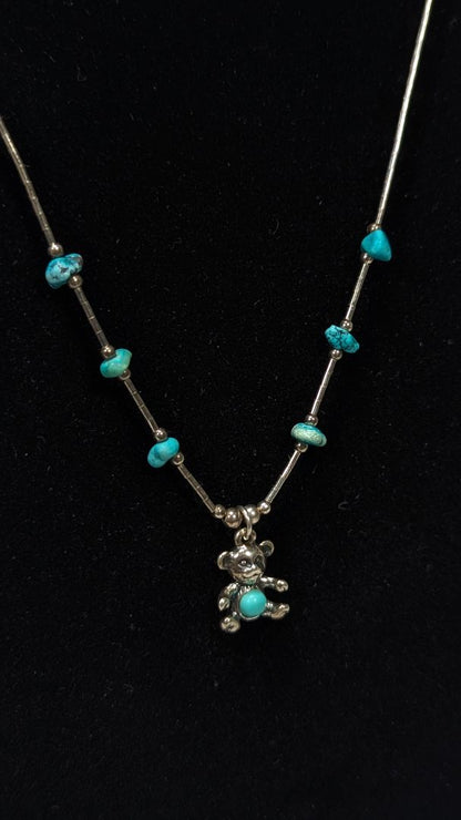 Sterling Silver Kids / Youth Teddy Bear Snake Style Necklace + Turquoise Stones