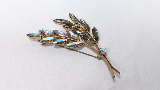 Vintage Mid Century Austrian Aurora Borealis Rhinestone Leaf Brooch