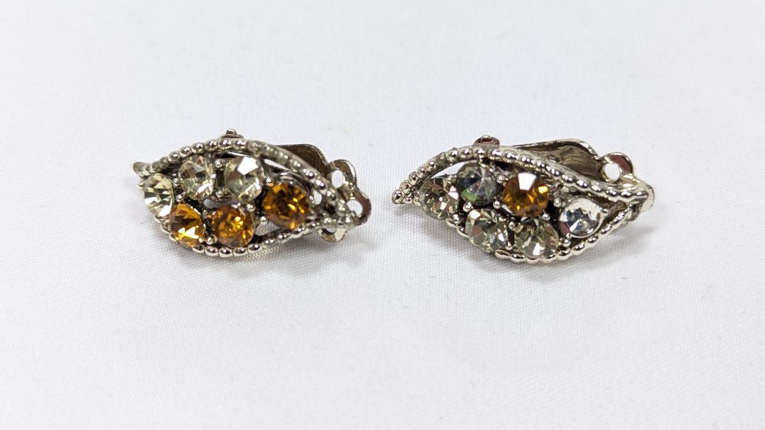 Vintage Multi Pastel Topaz Rhinestone Clip On Earrings 1960s AB Leaf Earclimbers