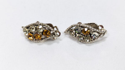 Vintage Multi Pastel Topaz Rhinestone Clip On Earrings 1960s AB Leaf Earclimbers