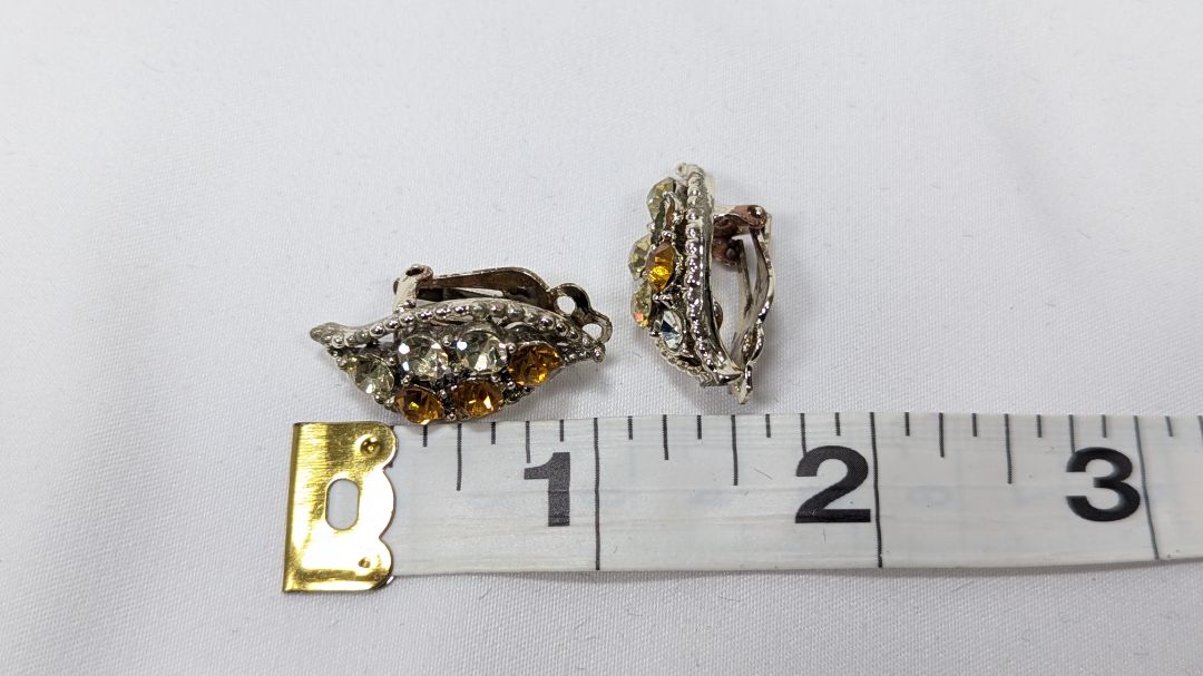 Vintage Multi Pastel Topaz Rhinestone Clip On Earrings 1960s AB Leaf Earclimbers