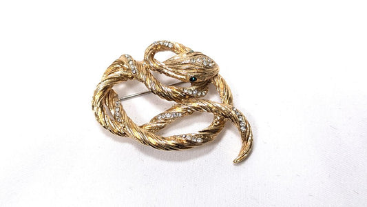 Vintage Rhinestone Snake Brooch, Figural Serpent Pin Gold Tone 1980s