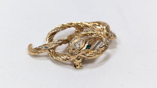 Vintage Rhinestone Snake Brooch, Figural Serpent Pin Gold Tone 1980s