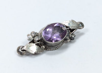 Vintage Amethyst Brooch Leafy Sterling Silver .925