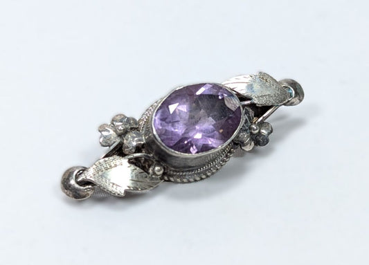 Vintage Amethyst Brooch Leafy Sterling Silver .925