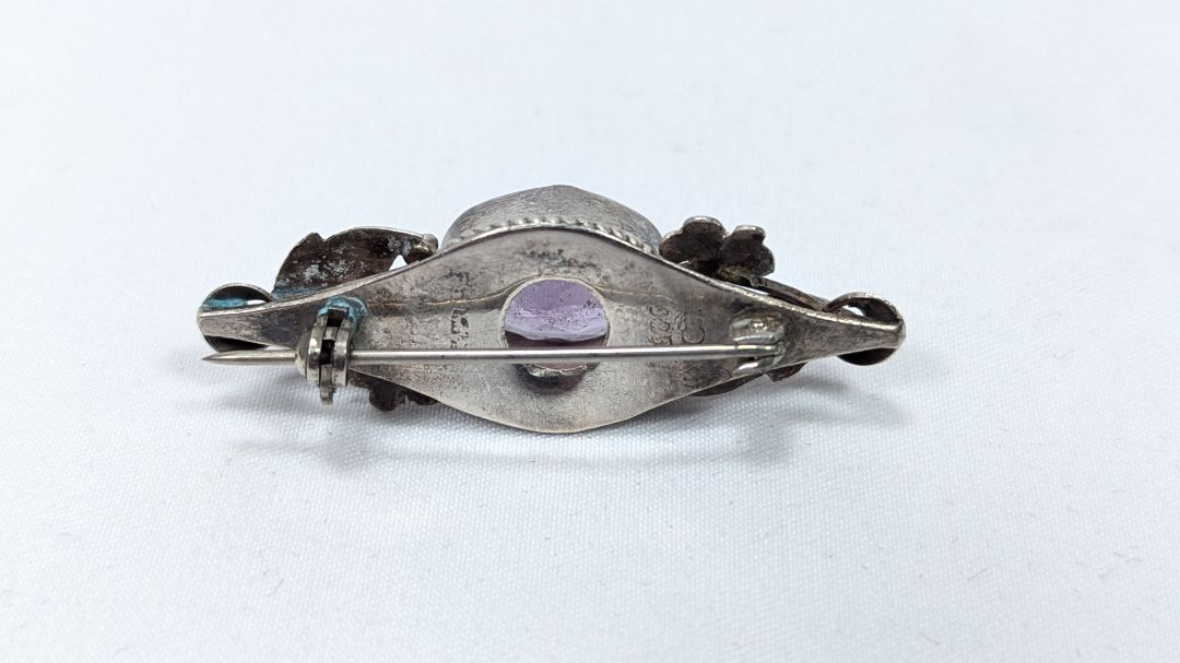 Vintage Amethyst Brooch Leafy Sterling Silver .925