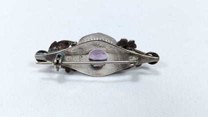 Vintage Amethyst Brooch Leafy Sterling Silver .925