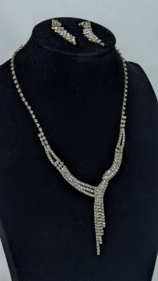 Vintage Art Deco Style Crystal Stone Necklace + Matching Earrings Costumer Jewelry