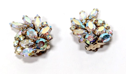 Vintage Pair of Sherman Stamped Aurora Borealis Clip on Earrings