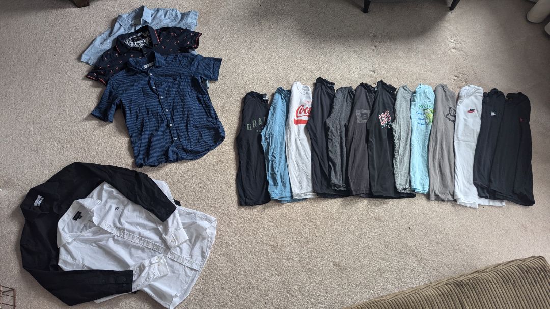 Lot of 13 Pcs Mens Small / Teen Boy Tops - T-Shirts + Collared Shirts EUC + Dander Free Home