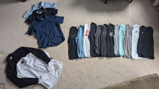 Lot of 13 Pcs Mens Small / Teen Boy Tops - T-Shirts + Collared Shirts EUC + Dander Free Home