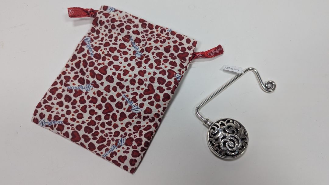 New! Deco Rose Handbag Hook with Tags + Carry Pouch